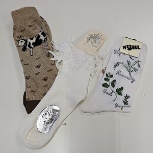Vtg Lot Of 3 Cow, Lace & Botanical Print Socks *READ Description*
